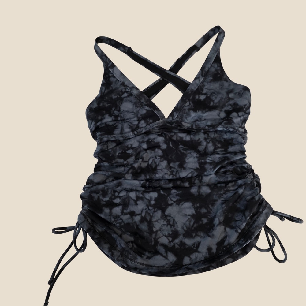 Athleta Womens Swim Tankini Top Size Small Black Tie Dye Ruched Cross Back